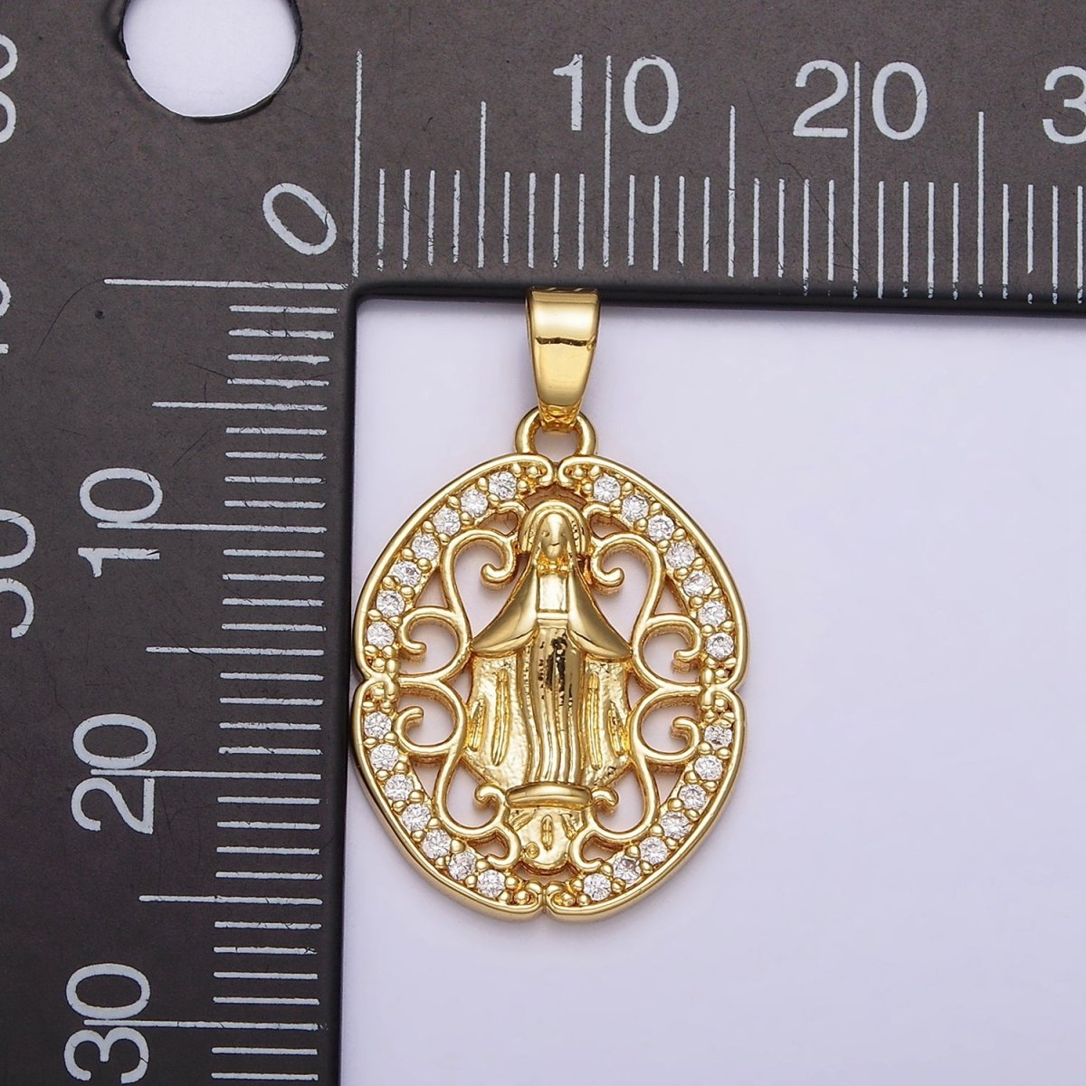 14K Gold plated Mother Mary lady Guadalupe Elaborate Open Micro Paved CZ Oval Pendant | N1314 - DLUXCA