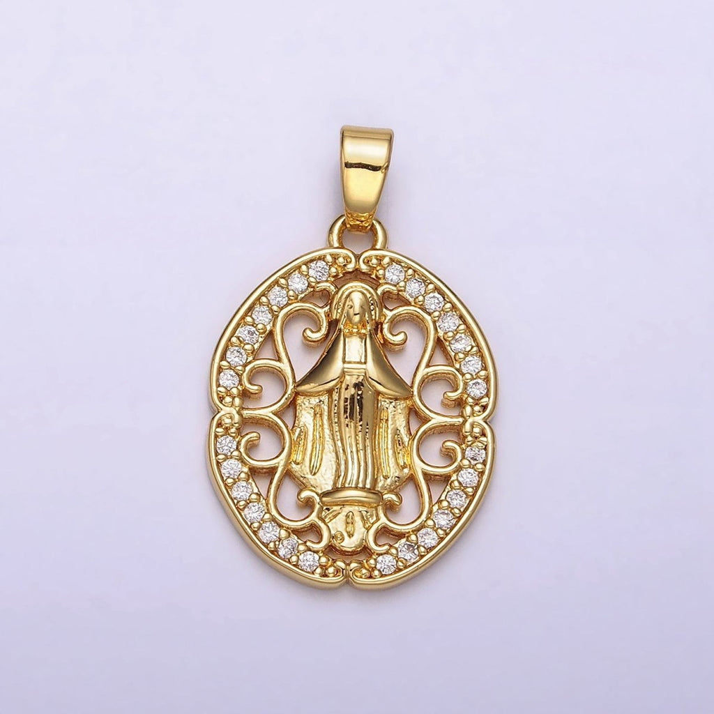 14K Gold plated Mother Mary lady Guadalupe Elaborate Open Micro Paved CZ Oval Pendant | N1314 - DLUXCA