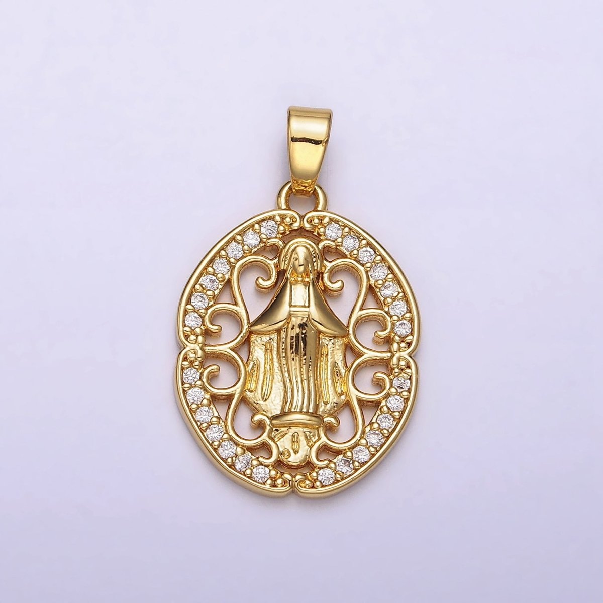 14K Gold plated Mother Mary lady Guadalupe Elaborate Open Micro Paved CZ Oval Pendant | N1314 - DLUXCA