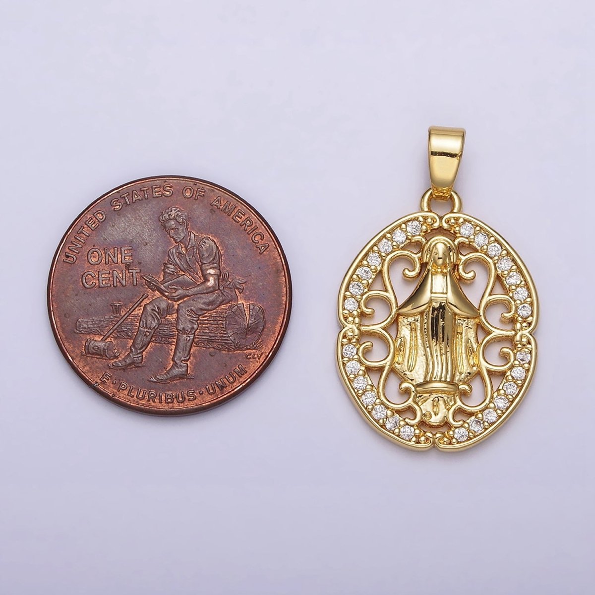 14K Gold plated Mother Mary lady Guadalupe Elaborate Open Micro Paved CZ Oval Pendant | N1314 - DLUXCA