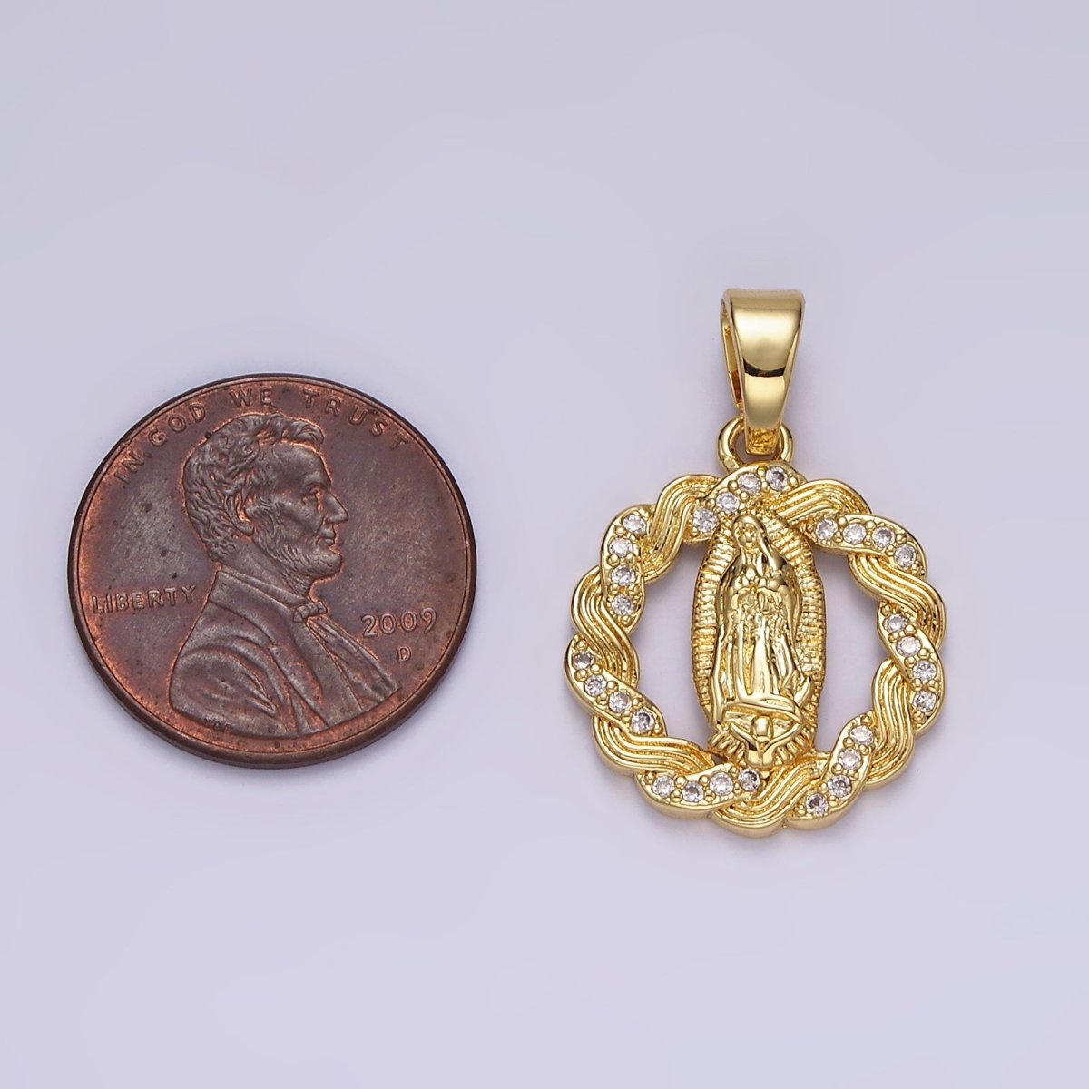 14K Gold plated Mother Mary Lady Guadalupe Open Micro Paved CZ Lined Braided Pendant | N1311 - DLUXCA