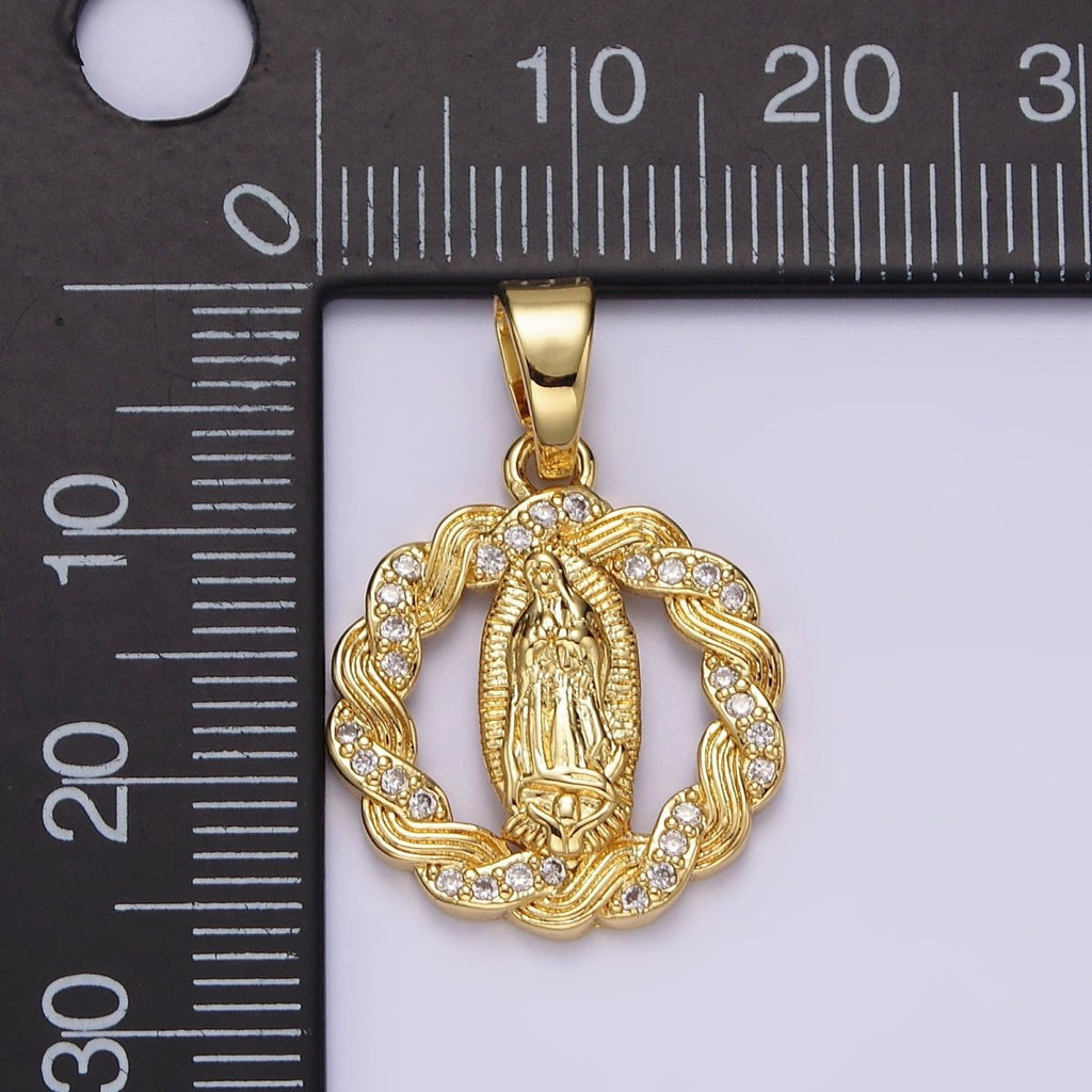 14K Gold plated Mother Mary Lady Guadalupe Open Micro Paved CZ Lined Braided Pendant | N1311 - DLUXCA