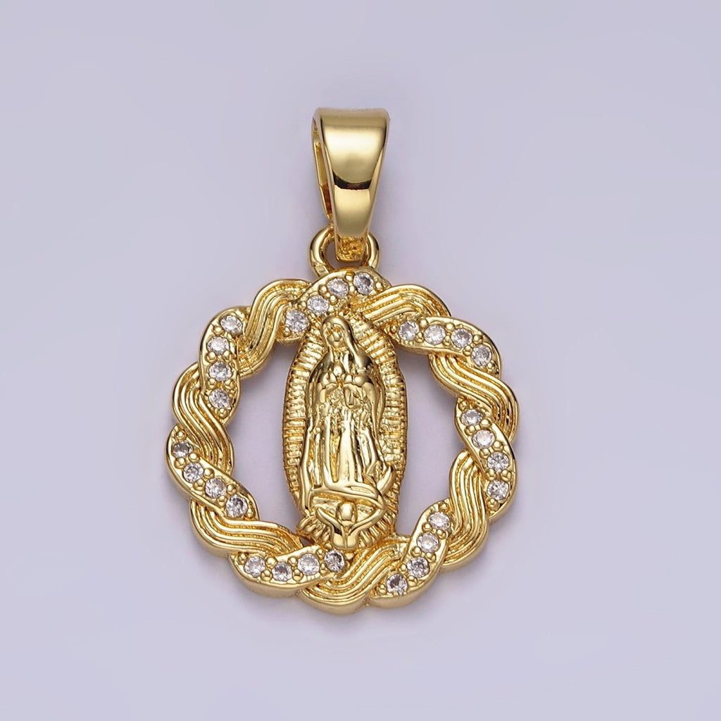 14K Gold plated Mother Mary Lady Guadalupe Open Micro Paved CZ Lined Braided Pendant | N1311 - DLUXCA