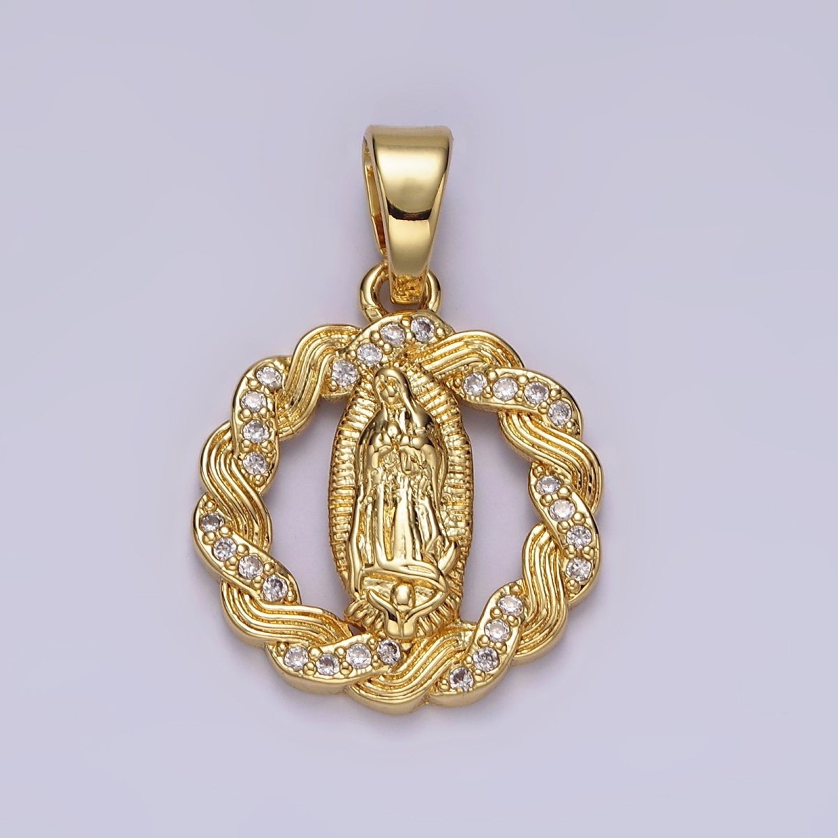 14K Gold plated Mother Mary Lady Guadalupe Open Micro Paved CZ Lined Braided Pendant | N1311 - DLUXCA