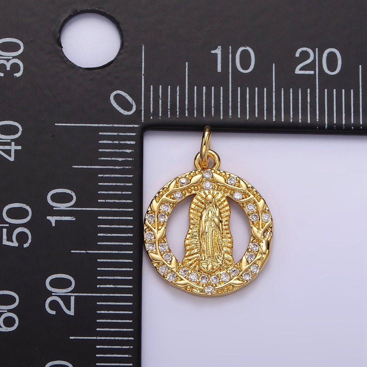 14K Gold plated Mother Mary Lady Guadalupe Open Vine Plant Micro Paved CZ Round Charm in Gold & Silver | AG393 AG394