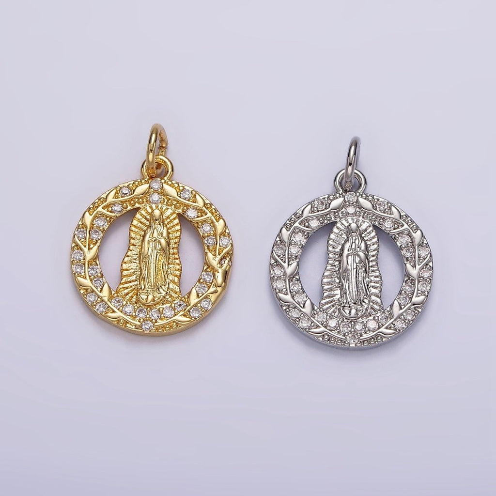 14K Gold plated Mother Mary Lady Guadalupe Open Vine Plant Micro Paved CZ Round Charm in Gold & Silver | AG393 AG394