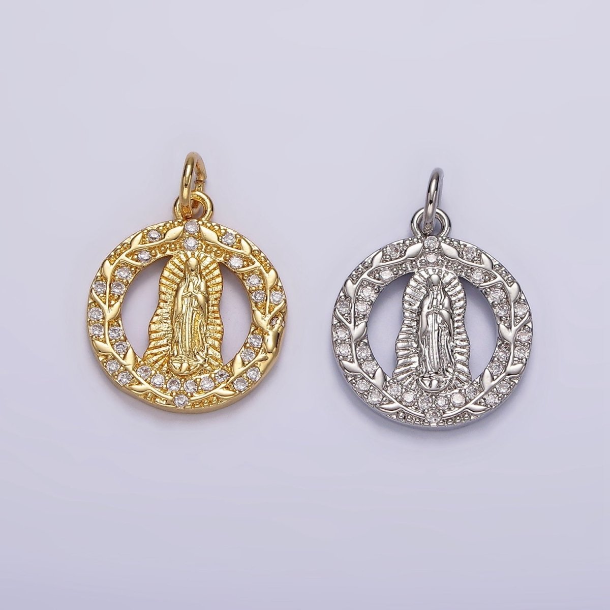 14K Gold plated Mother Mary Lady Guadalupe Open Vine Plant Micro Paved CZ Round Charm in Gold & Silver | AG393 AG394