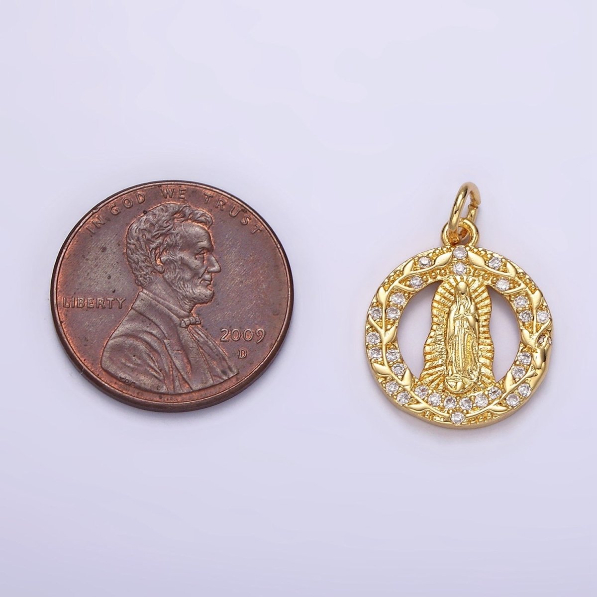 14K Gold plated Mother Mary Lady Guadalupe Open Vine Plant Micro Paved CZ Round Charm in Gold & Silver | AG393 AG394