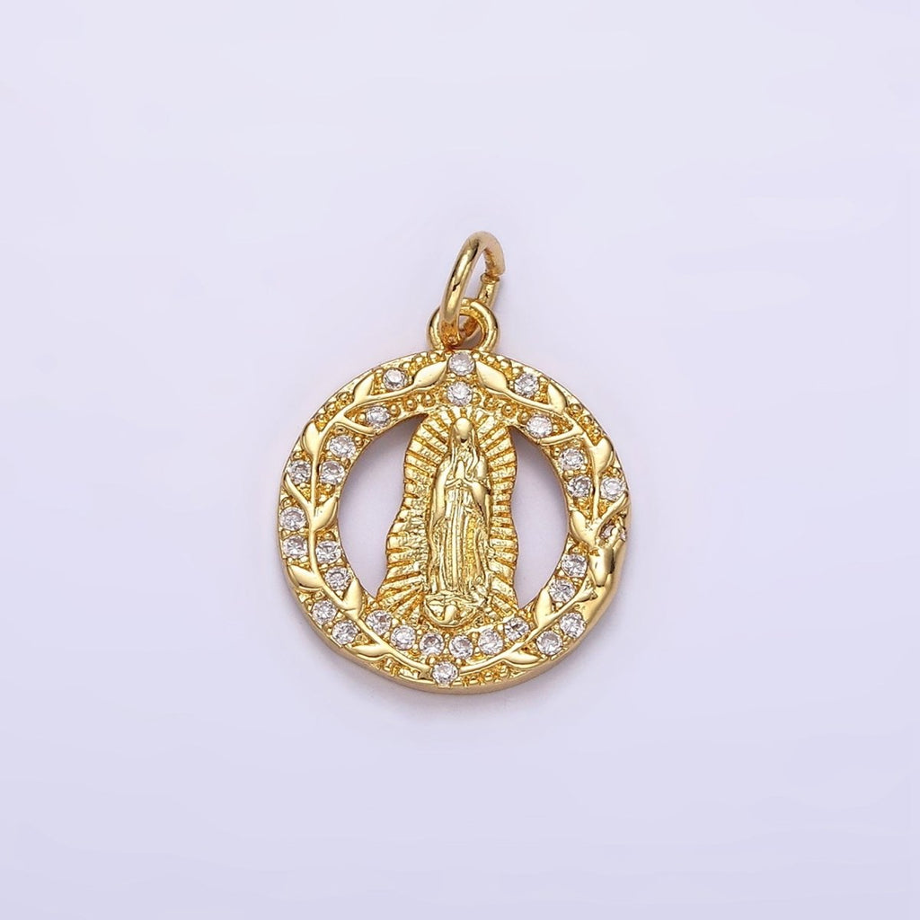 14K Gold plated Mother Mary Lady Guadalupe Open Vine Plant Micro Paved CZ Round Charm in Gold & Silver | AG393 AG394