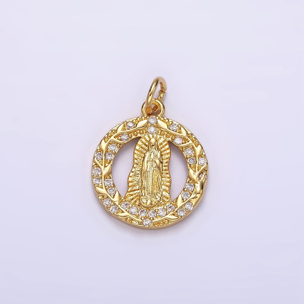 14K Gold plated Mother Mary Lady Guadalupe Open Vine Plant Micro Paved CZ Round Charm in Gold & Silver | AG393 AG394