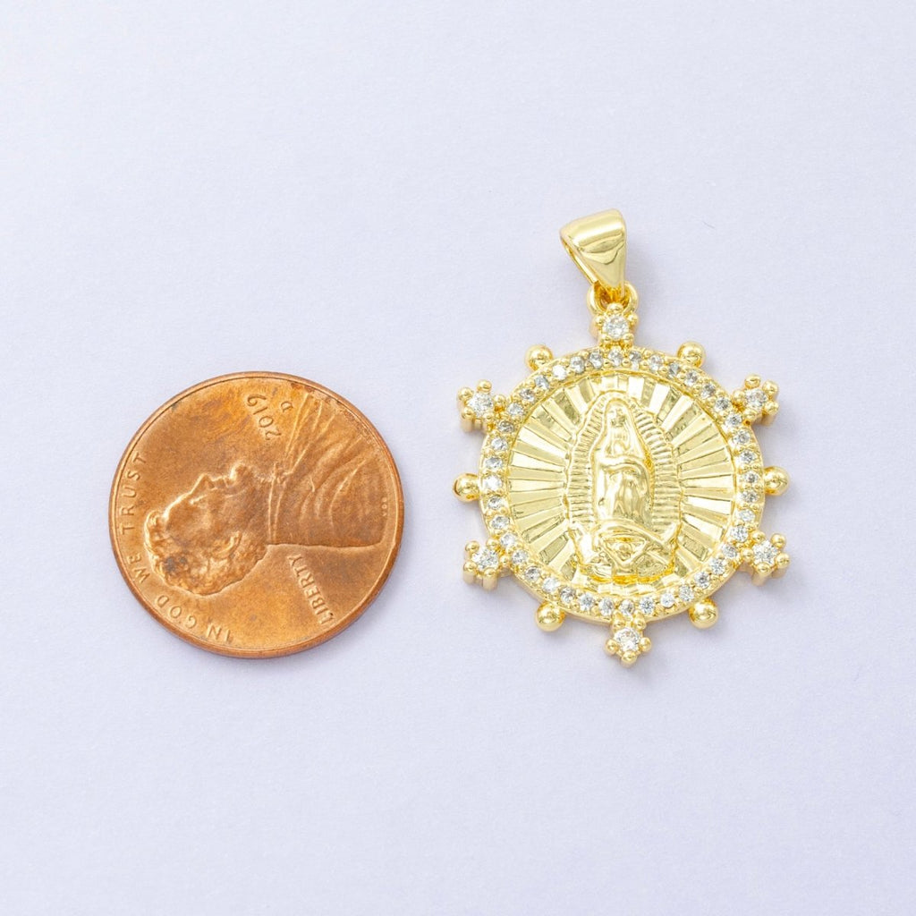 14K Gold plated Mother Mary Lady Guadalupe Sunburst Micro Paved CZ Dotted Outline Pendant | I - 775 - DLUXCA