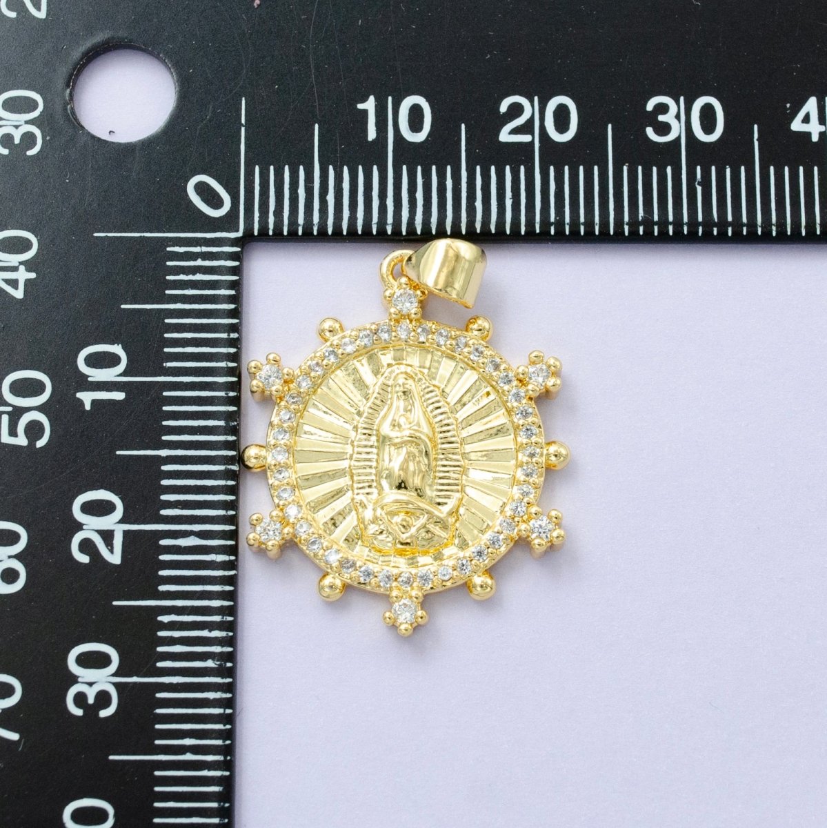 14K Gold plated Mother Mary Lady Guadalupe Sunburst Micro Paved CZ Dotted Outline Pendant | I - 775 - DLUXCA