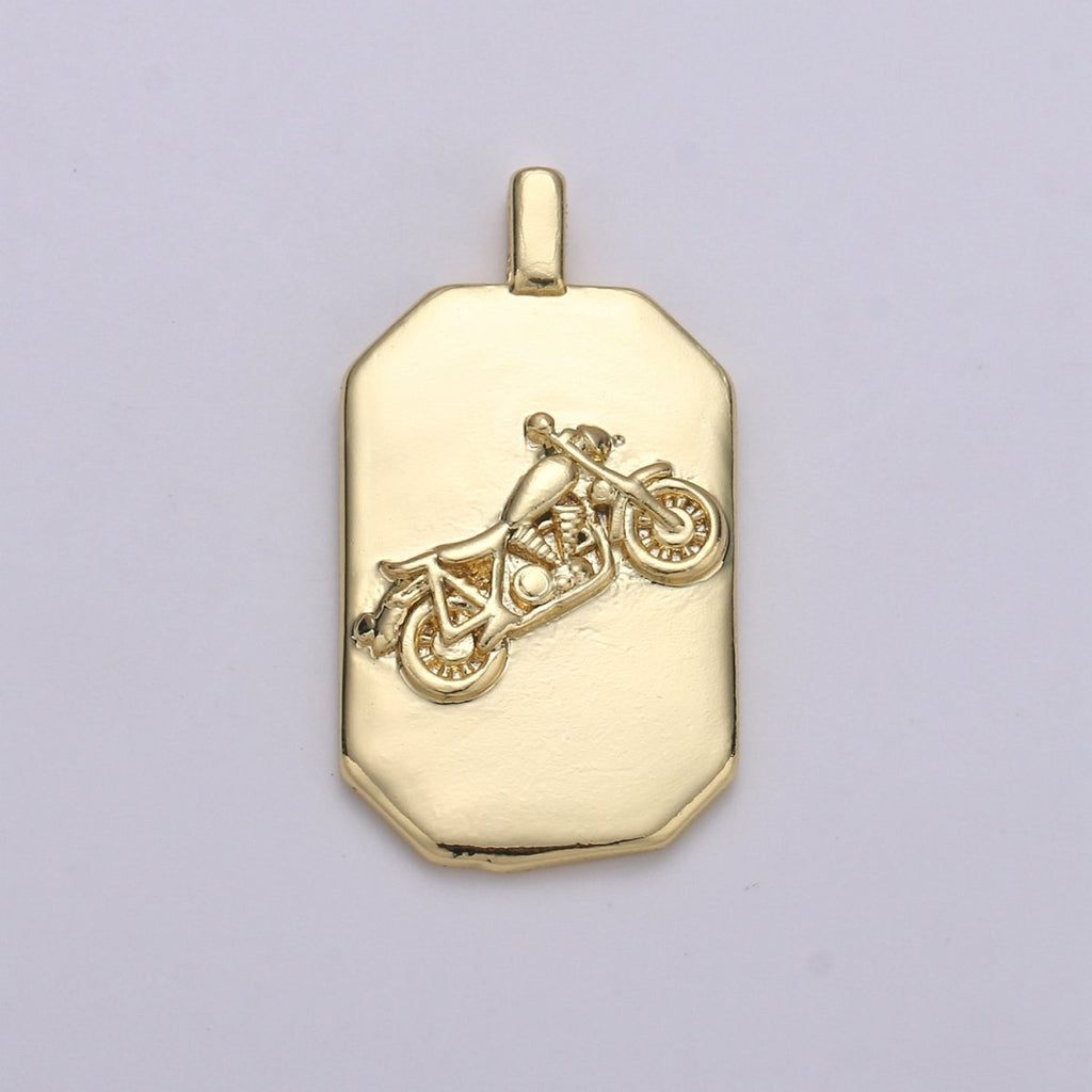 14K Gold plated Motorcycle Charm- Rectangle Medallion Motorcycle Pendant - Dainty Charm - for Necklace Bracelet Earring Component J-033 - DLUXCA