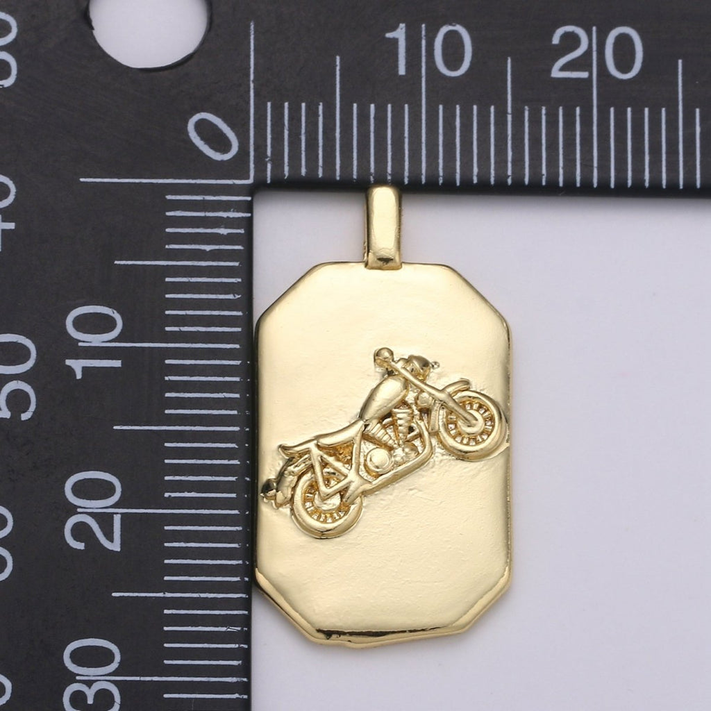 14K Gold plated Motorcycle Charm- Rectangle Medallion Motorcycle Pendant - Dainty Charm - for Necklace Bracelet Earring Component J-033 - DLUXCA