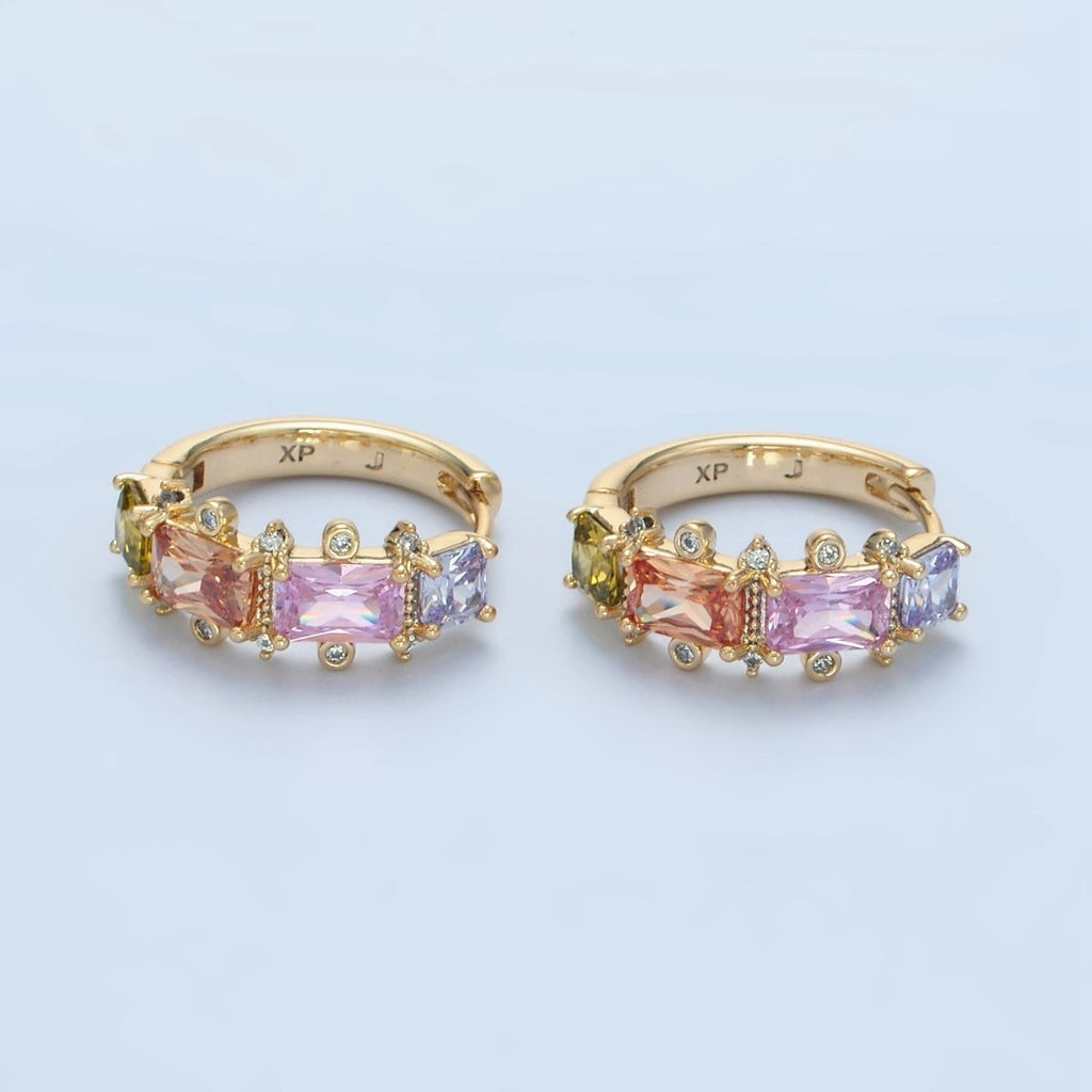 14K Gold plated Multicolor Baguette Dotted CZ Huggie Earrings | AD618 - DLUXCA
