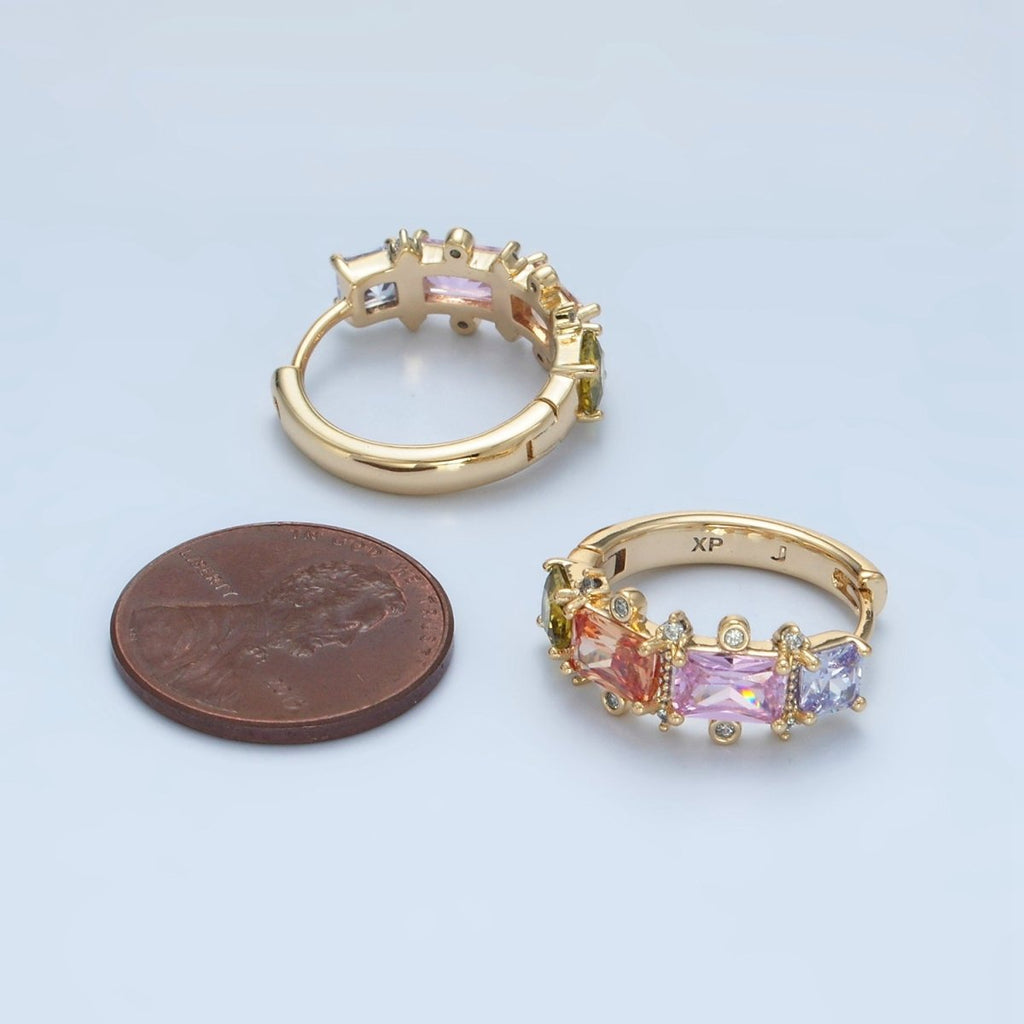 14K Gold plated Multicolor Baguette Dotted CZ Huggie Earrings | AD618 - DLUXCA