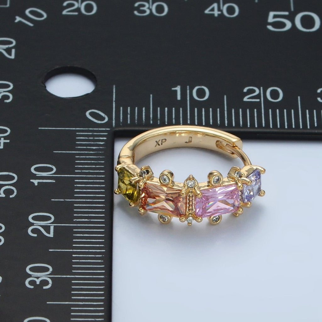 14K Gold plated Multicolor Baguette Dotted CZ Huggie Earrings | AD618 - DLUXCA