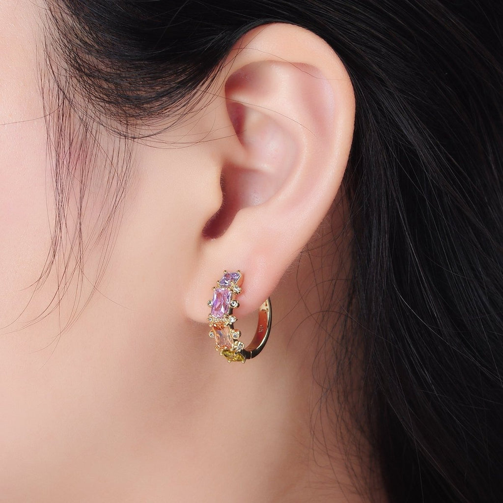 14K Gold plated Multicolor Baguette Dotted CZ Huggie Earrings | AD618 - DLUXCA