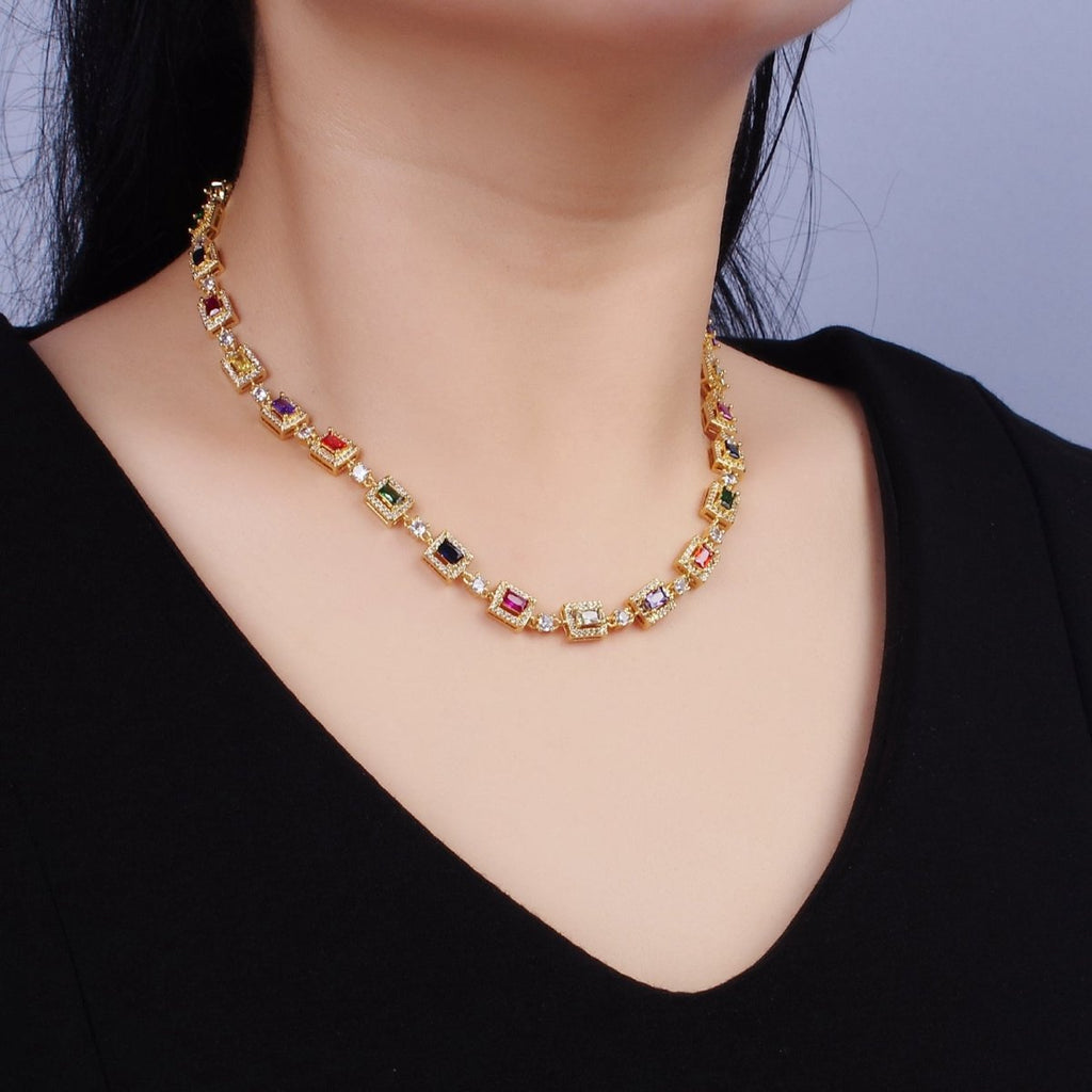 14K Gold plated Multicolor Baguette Micro Paved CZ 15 Inch Choker Chain Necklace | WA-2135 Clearance Pricing - DLUXCA