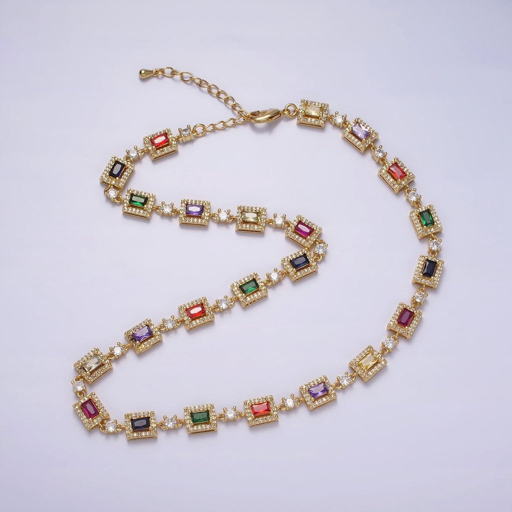 14K Gold plated Multicolor Baguette Micro Paved CZ 15 Inch Choker Chain Necklace | WA-2135 Clearance Pricing - DLUXCA