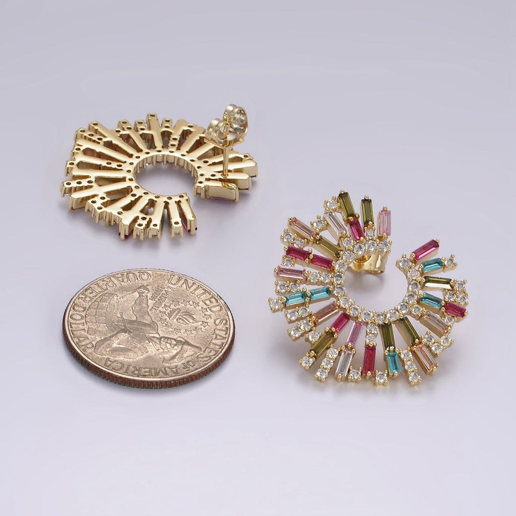 14K Gold plated Multicolor CZ Baguette Micro Paved Circular Stud Earrings Set | AE405 - DLUXCA