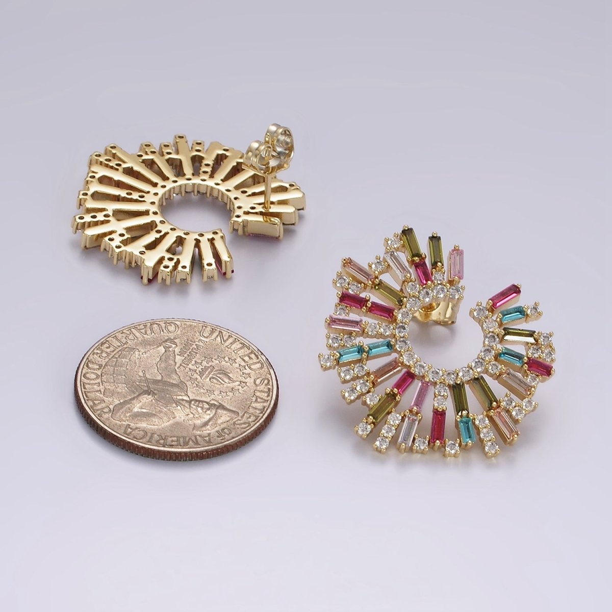 14K Gold plated Multicolor CZ Baguette Micro Paved Circular Stud Earrings Set | AE405 - DLUXCA