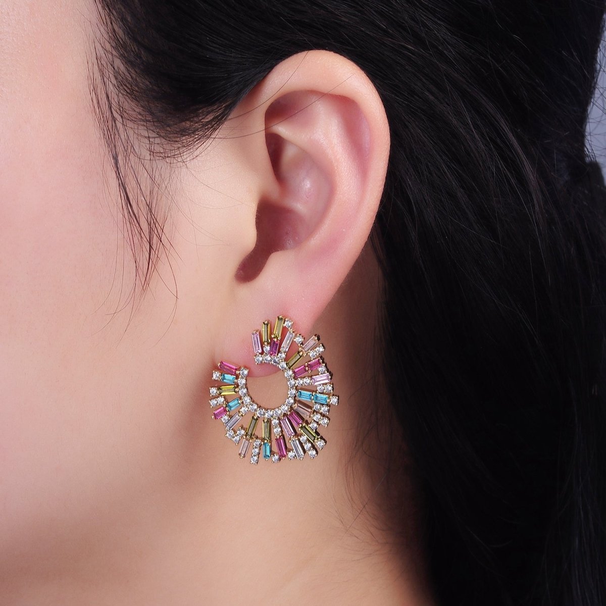 14K Gold plated Multicolor CZ Baguette Micro Paved Circular Stud Earrings Set | AE405 - DLUXCA