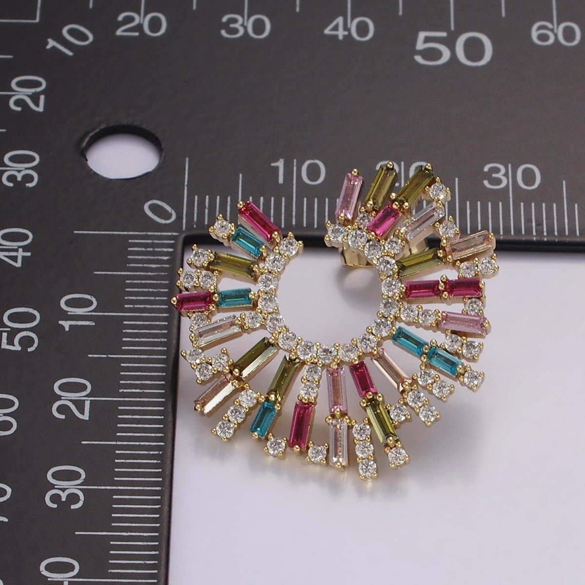 14K Gold plated Multicolor CZ Baguette Micro Paved Circular Stud Earrings Set | AE405 - DLUXCA