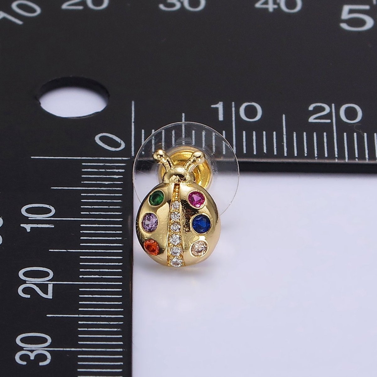 14K Gold plated Multicolor CZ Ladybug Insect Stud Earrings | AE861 - DLUXCA