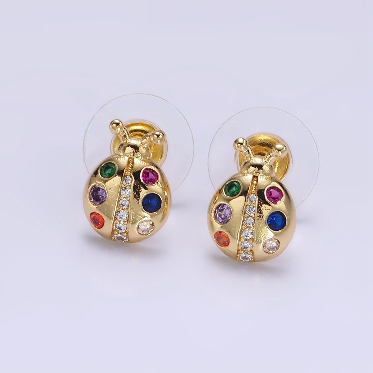 14K Gold plated Multicolor CZ Ladybug Insect Stud Earrings | AE861 - DLUXCA