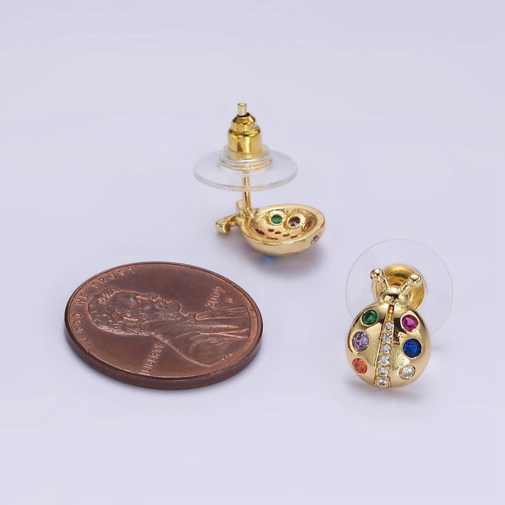 14K Gold plated Multicolor CZ Ladybug Insect Stud Earrings | AE861 - DLUXCA