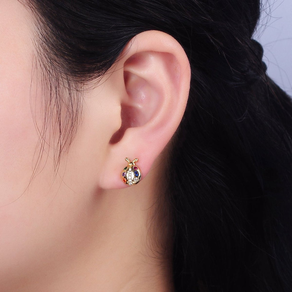 14K Gold plated Multicolor CZ Ladybug Insect Stud Earrings | AE861 - DLUXCA