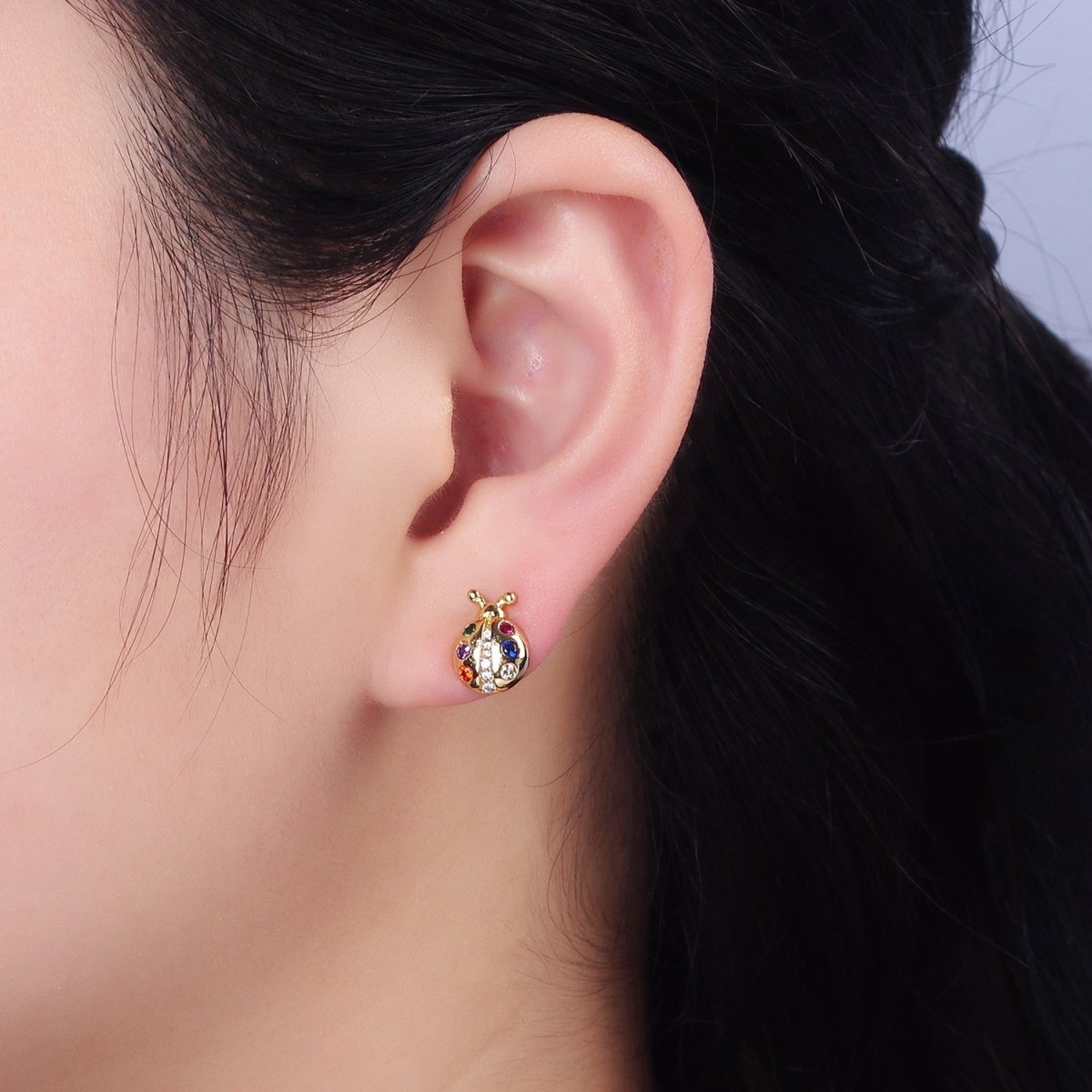 14K Gold plated Multicolor CZ Ladybug Insect Stud Earrings | AE861 - DLUXCA