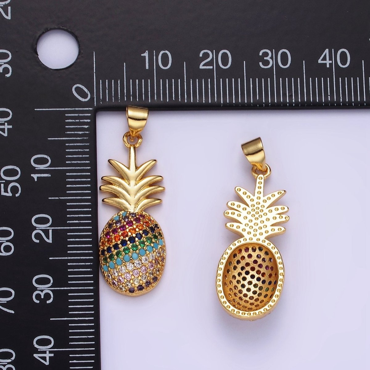 14K Gold plated Multicolor CZ Micro Paved Pineapple Fruit Pendant | AA1148 - DLUXCA