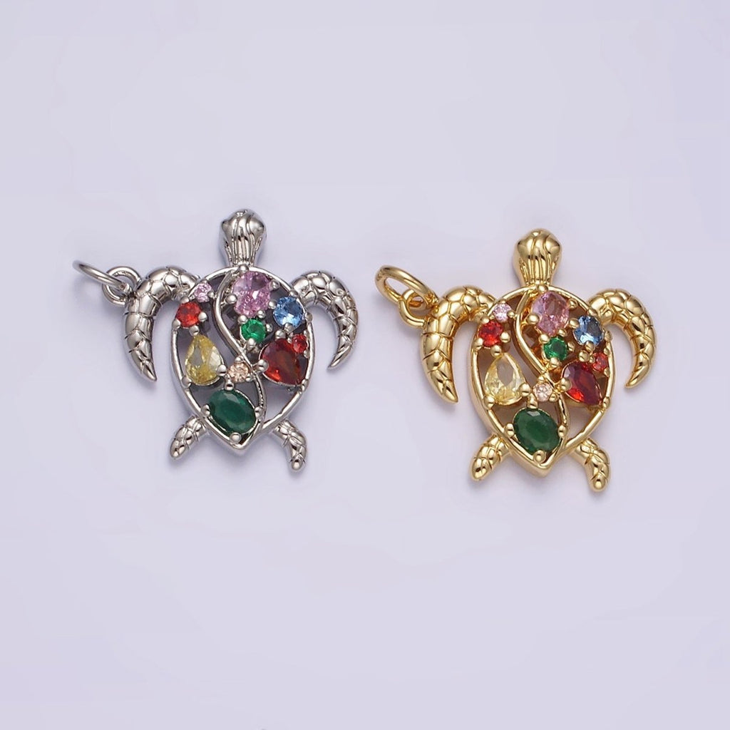 14K Gold plated Multicolor CZ Open Textured Turtle Tortoise Ocean Animal Charm in Gold & Silver | AC833 AC834
