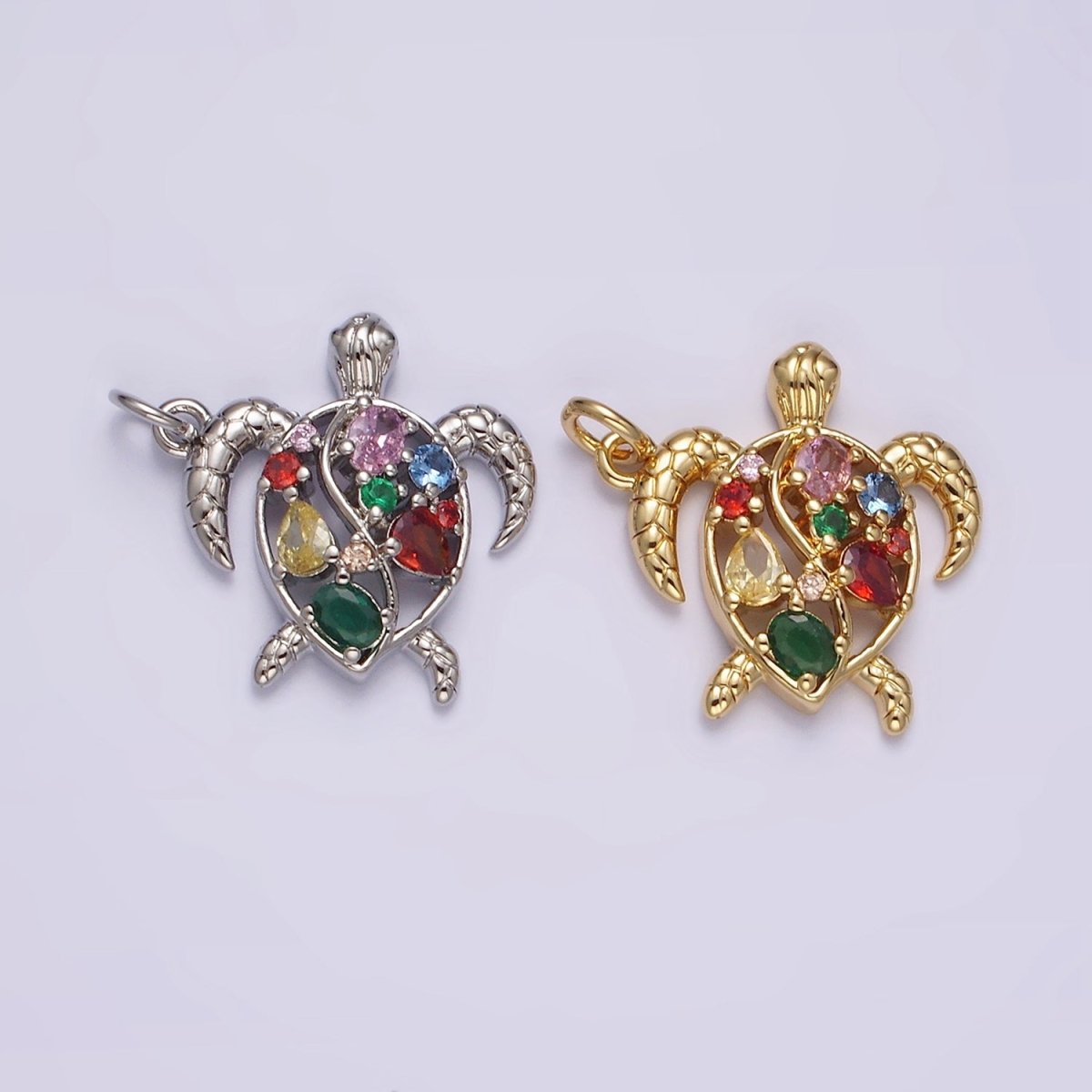 14K Gold plated Multicolor CZ Open Textured Turtle Tortoise Ocean Animal Charm in Gold & Silver | AC833 AC834