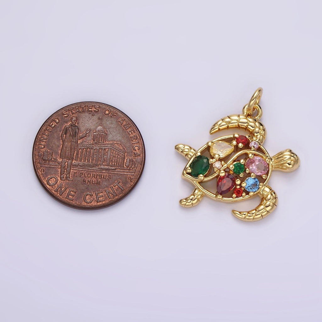 14K Gold plated Multicolor CZ Open Textured Turtle Tortoise Ocean Animal Charm in Gold & Silver | AC833 AC834