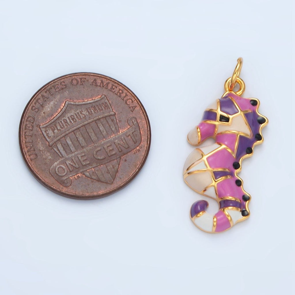 14K Gold plated Multicolor Enamel Sea Horse Animal Charm | AC173 - DLUXCA