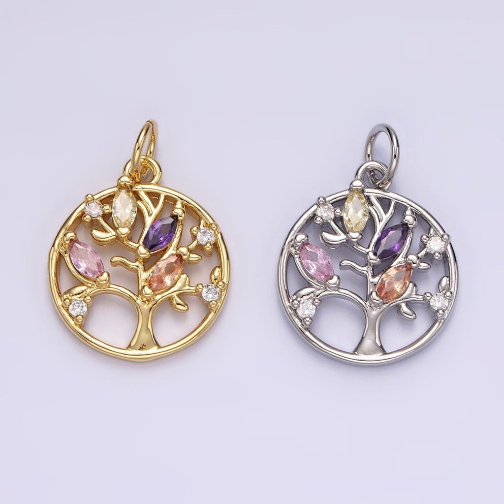 14K Gold plated Multicolor Marquise CZ Leaf Tree Open Round Charm in Gold & Silver | N1500 N1501 - DLUXCA