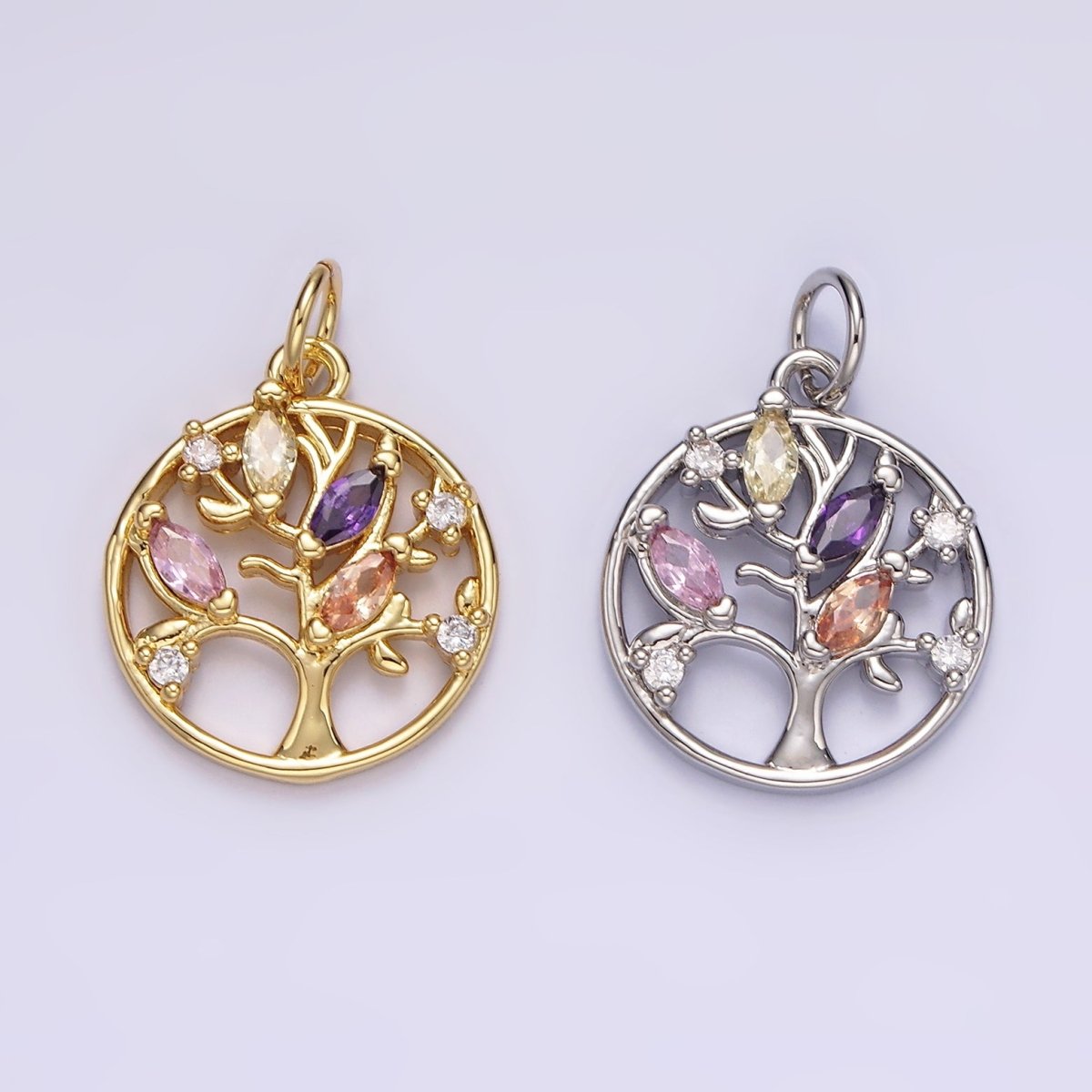 14K Gold plated Multicolor Marquise CZ Leaf Tree Open Round Charm in Gold & Silver | N1500 N1501 - DLUXCA