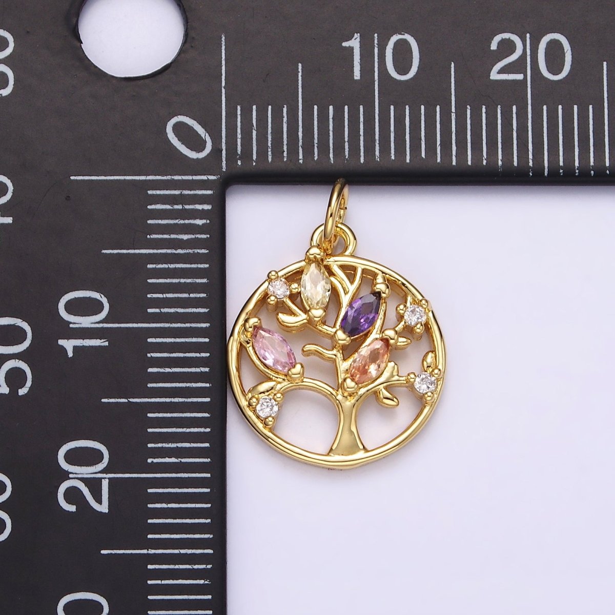 14K Gold plated Multicolor Marquise CZ Leaf Tree Open Round Charm in Gold & Silver | N1500 N1501 - DLUXCA