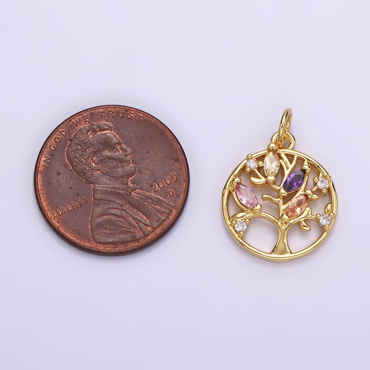 14K Gold plated Multicolor Marquise CZ Leaf Tree Open Round Charm in Gold & Silver | N1500 N1501 - DLUXCA