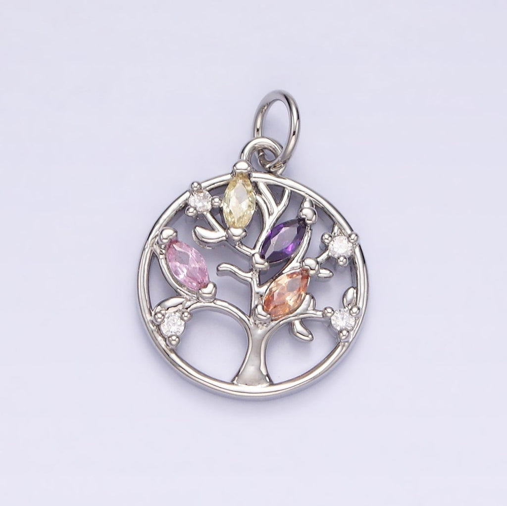 14K Gold plated Multicolor Marquise CZ Leaf Tree Open Round Charm in Gold & Silver | N1500 N1501 - DLUXCA