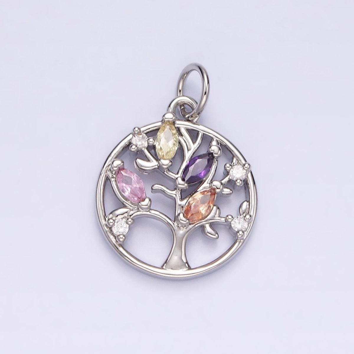 14K Gold plated Multicolor Marquise CZ Leaf Tree Open Round Charm in Gold & Silver | N1500 N1501 - DLUXCA