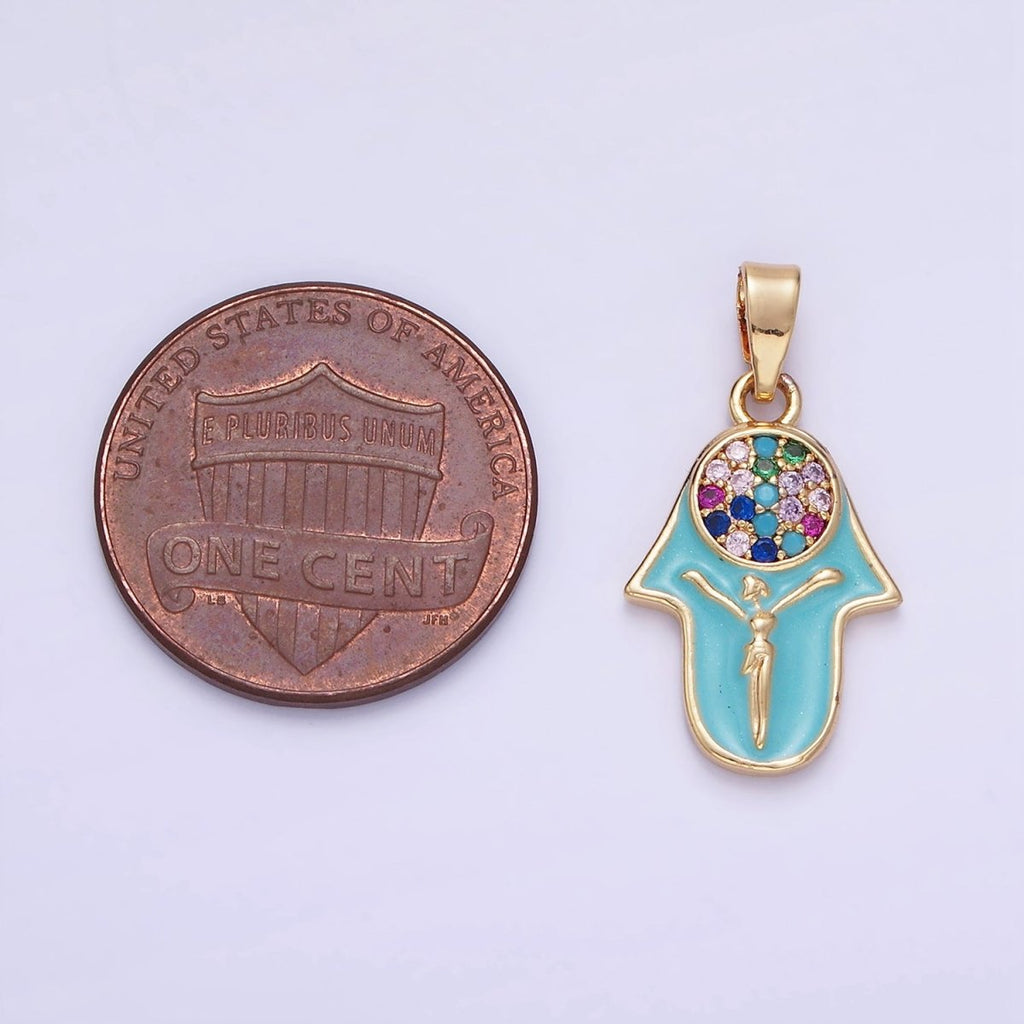 14K Gold plated Multicolor Micro Paved CZ Hamsa Hand Enamel Pendant | AA1182 - DLUXCA