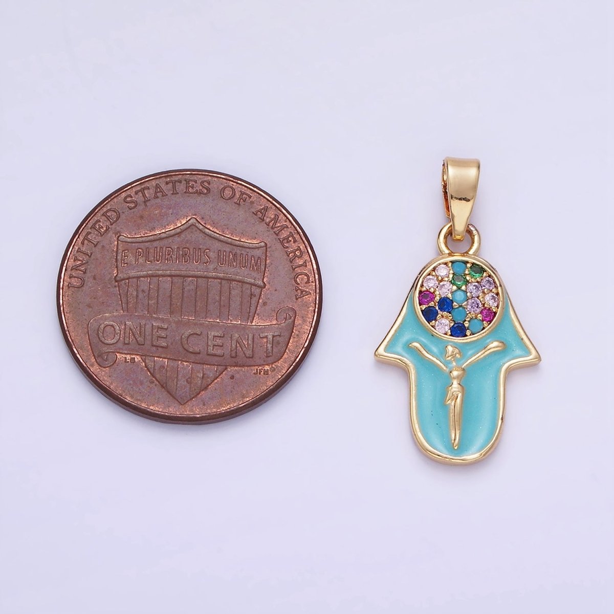 14K Gold plated Multicolor Micro Paved CZ Hamsa Hand Enamel Pendant | AA1182 - DLUXCA
