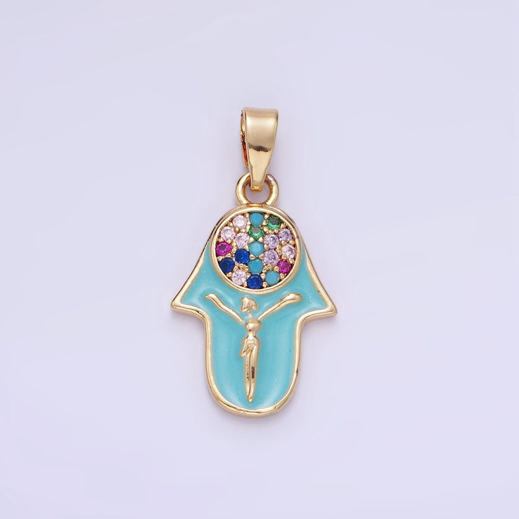 14K Gold plated Multicolor Micro Paved CZ Hamsa Hand Enamel Pendant | AA1182 - DLUXCA