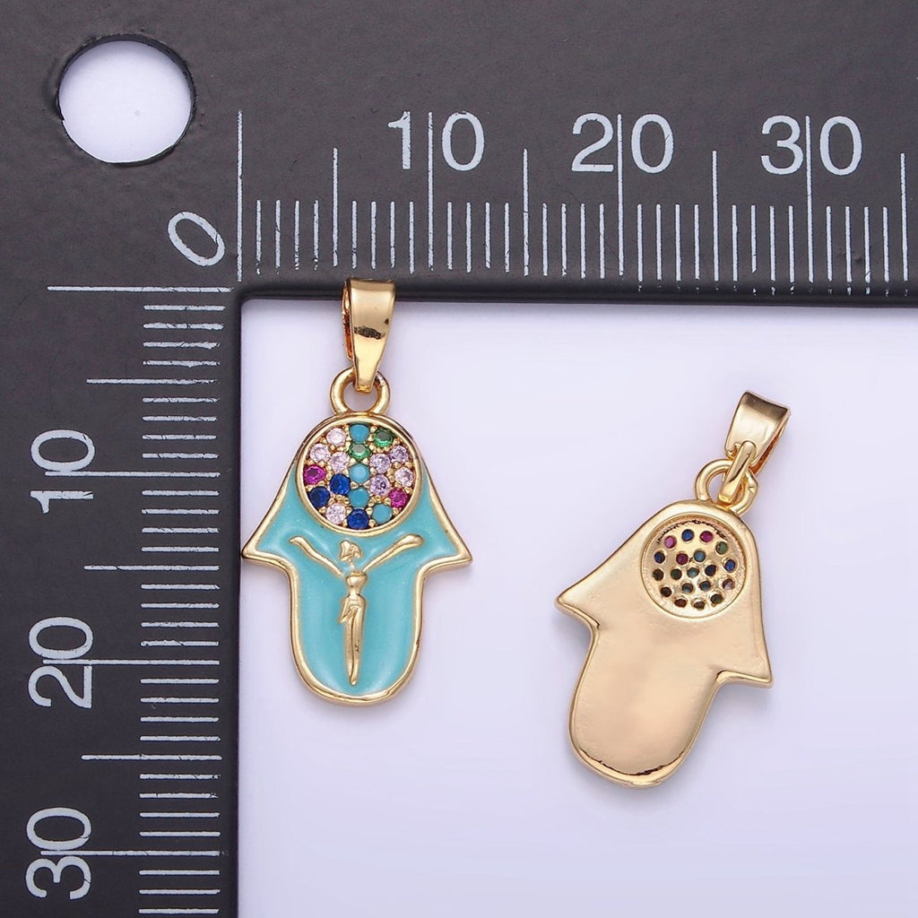 14K Gold plated Multicolor Micro Paved CZ Hamsa Hand Enamel Pendant | AA1182 - DLUXCA