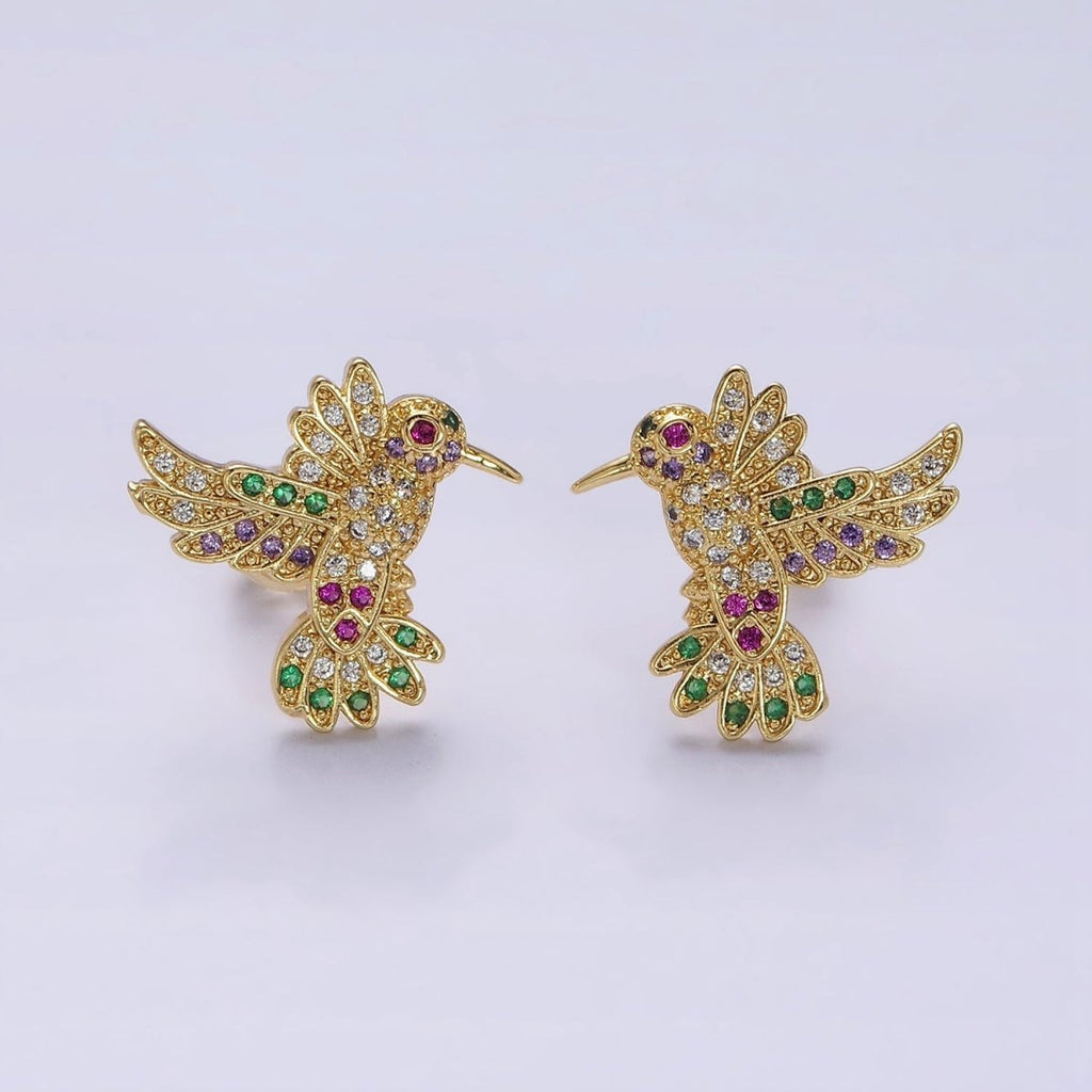 14K Gold plated Multicolor Micro Paved CZ Hummingbird Pet Earrings Set in Gold & Silver | AD-434 AD-435
