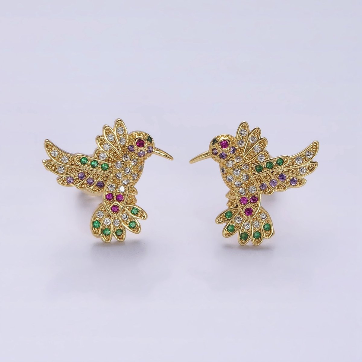 14K Gold plated Multicolor Micro Paved CZ Hummingbird Pet Earrings Set in Gold & Silver | AD-434 AD-435